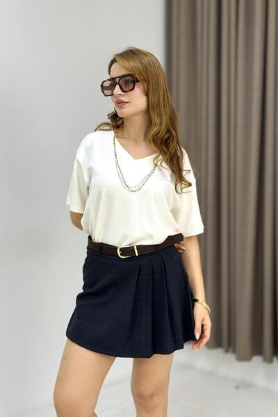 Raneel Kazançlı Alışveriş Women's Plaid Belted Pleated Mini Skirt with Shorts...