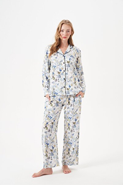 PJS طقم بيجامة نسائي بأكمام طويلة ومرسوم عليه أزرار 29015