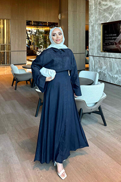 İmajButik Navy Blue Shirt and Skirt Linen Suit