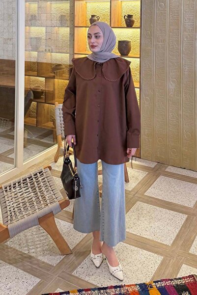 lamelif Baby Collar Lace Detailed Shirt Brown