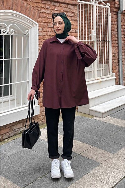 lamelif Sleeve Detailed Shirt Oversize Shirt Plum