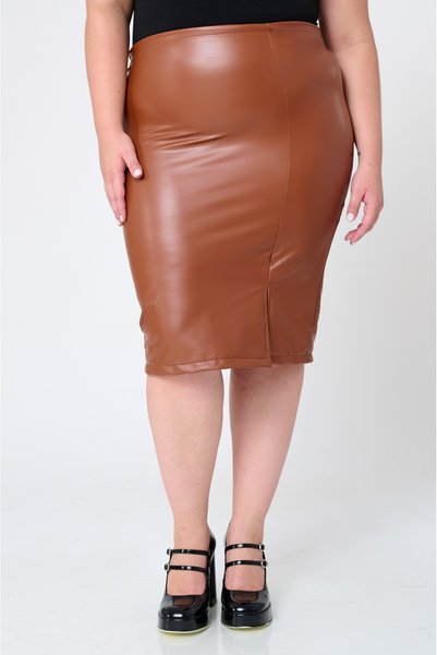 Jucita Μεγάλα Μεγέθη -Φούστα Pencil Δερματίνη Niki Καμηλό- Plus Size