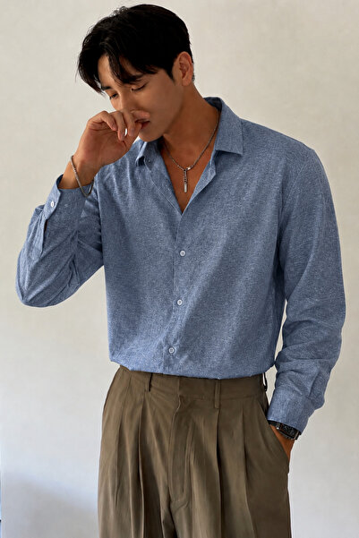 Tarz Cool Flamlı Linen Patterned Men's Regular Long Sleeve Apaj Collar Shirt