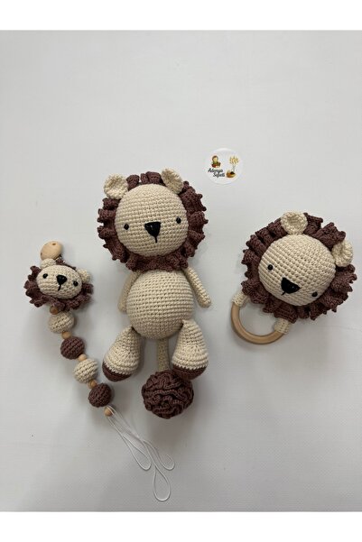 Adenya Amigurumi Örgü Aslan Üçlü Set-Koyu Kahverengi