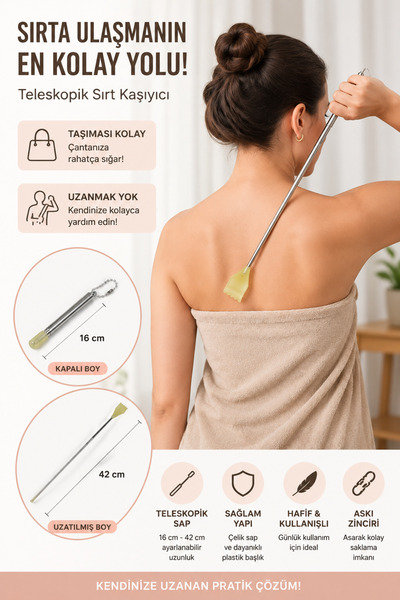Binbirreyon Telescopic Adjustable Back Scratcher 16-42cm with Metal Handle Gd030