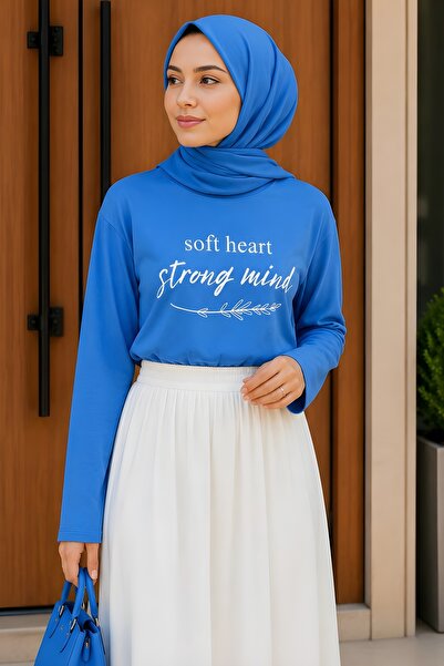 İmajButik Blue Crew Neck Printed Combed Cotton Bodysuit