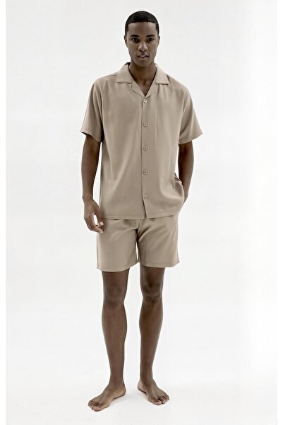 KLY PİJAMA Kly 26206 Men's Beige Buttoned Woven Shirt and Shorts Set