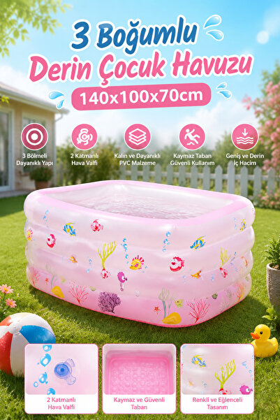 craftivio Şişme Çocuk Havuzu Dikdörtgen 3 Boğumlu Derin Havuz 140x100x70 cm P...