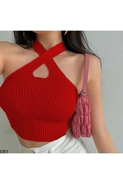 Modafeminen بلوزة تريكو بياقة هالتر TR081 باللون الأحمر