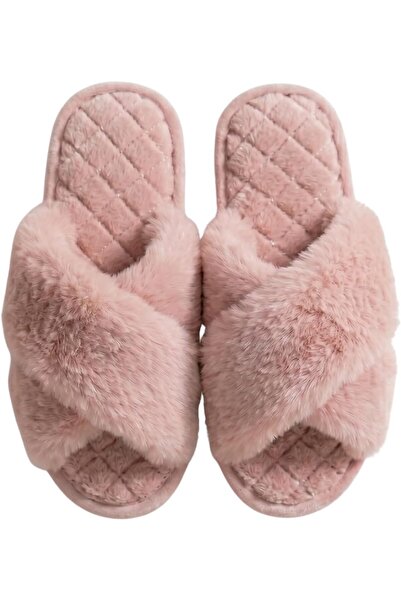 Dealzlot Women's Fuzzy Slippers Faux Fur Criss Cross (Blush Pink, Large/Extra...