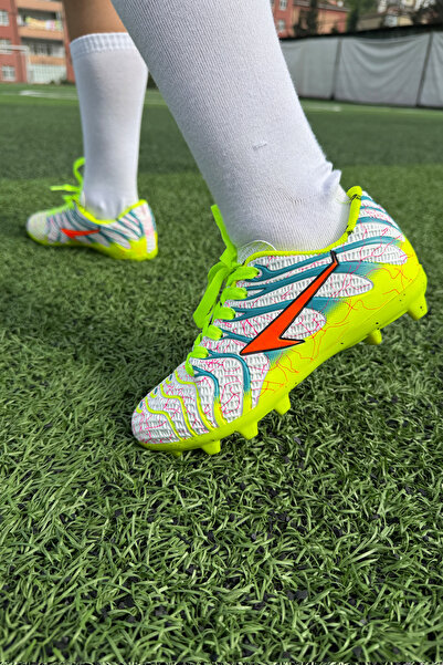 Shoefy Unisex Çocuk Beyaz Neon Yeşil Çivili Futbol Kramponu