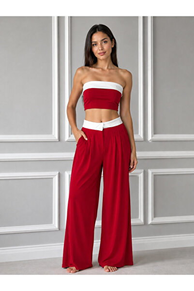 PELTEKS Red Palazzo Pants Crop Double Set
