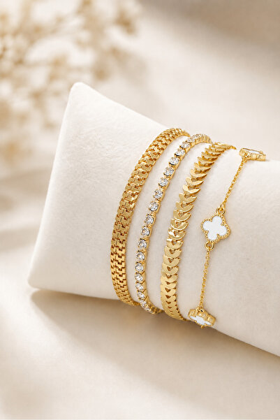 Crc Bijuteri Gold Color Stylish Design 4-Piece Steel Bracelet Set