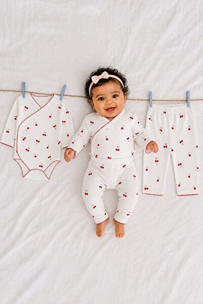 METEOR BABY Baby Girl Set - Baby Bodysuit Set - Cherry Patterned Ribbed Bodys...