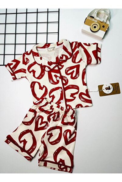 cacobutik Baby Girl Heart Printed Summer Shorts Pajamas Set 100% Cotton Red W...