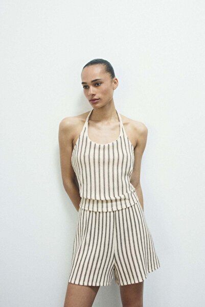 H&M بلوزة هالتر نيك محبوكة بنمط بوينتيل