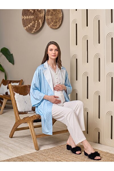 Lohussa New Season Blue Shawl Collar Polka Dot Satin Dressing Gown Special De...