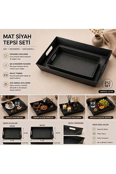 PALU GASTRO Matte Black Decorative Tray Set of 2 Premium Metal Serving and Pr...