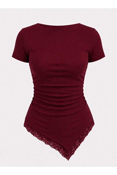 peri tower Women's Lace Detailed Cotton Ribbed Short Sleeve Blouse 216