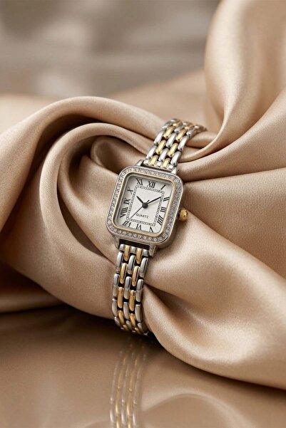 İnogge Chiros Women's Silver Gold Steel Watch Square Case Stone Detailed Whit...