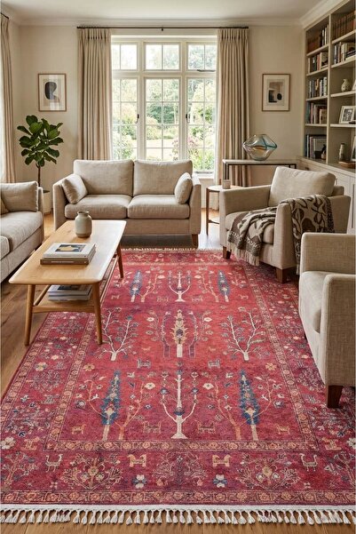SOFT HALI KALİTELİ YIKANABİLİR ETNİK DESEN KIRMIZI DİJİTAL BASKI KİLİM