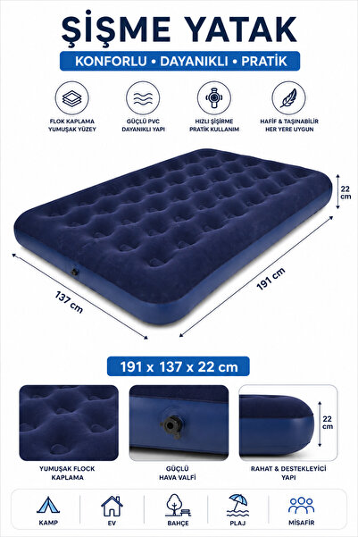 Realx 191x137x22 cm Çift Kişilik Şişme Yatak Dayanıklı PVC Kamp Bahçe Ev Misa...
