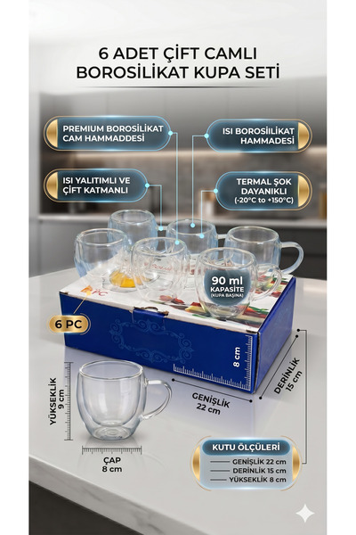 RİVO HOME DECOR Rayan Set of 6 Double Walled Borosilicate Glass Mugs 90 ml