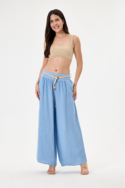 della moor Women's Blue Italian 100% Linen Belted Elastic Waist Loose Wide Le...