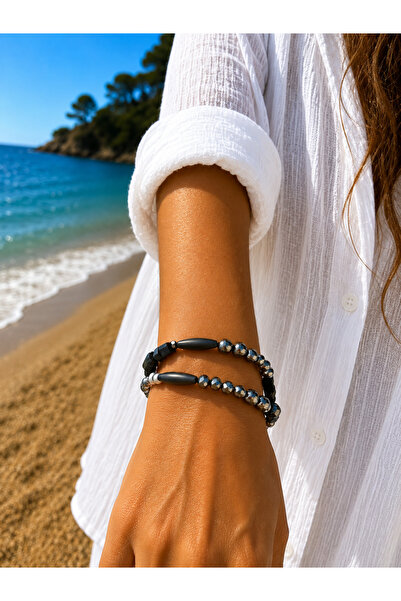 COCOSH TAKI Black Smoked Silver Beaded Multi-Layered Design Bracelet