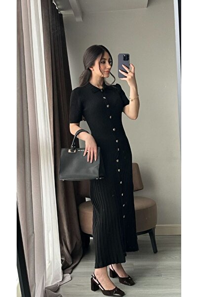Abir Polo Yaka Düğmeli Ribana Triko Midi Elbise👗