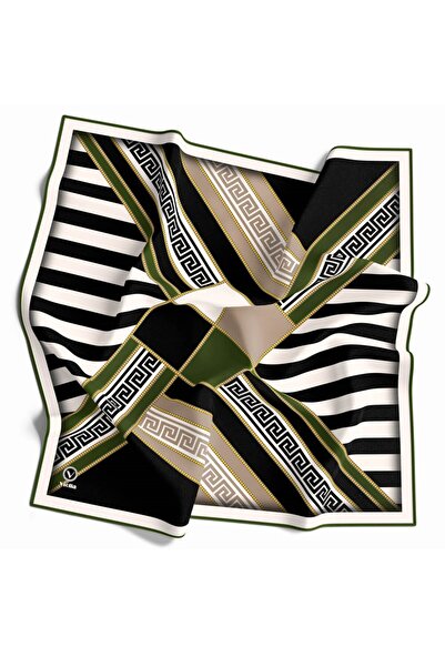 VİOLLA Twill Çizgili Geometrik Desenli Zümrüt Yeşili Renkli 90x90 Eşarp (İpek...