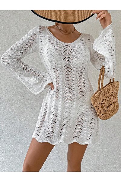 POİNE Women's Backless V-Neck Openwork Spanish Sleeve Summer Knitwear Beach D...