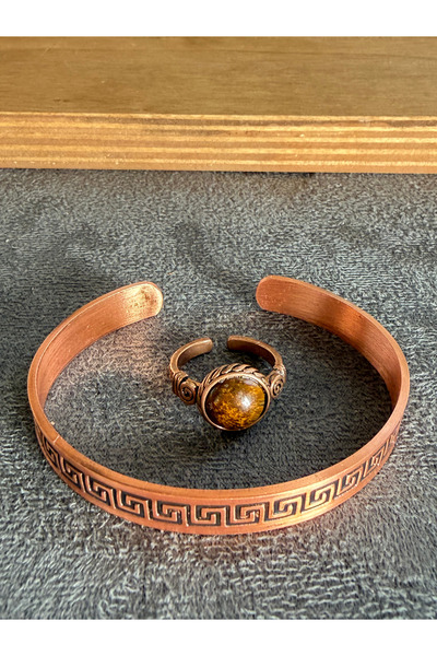 Rupen Kraft Handcrafted copper bracelet and natural stone ring set, adjustabl...