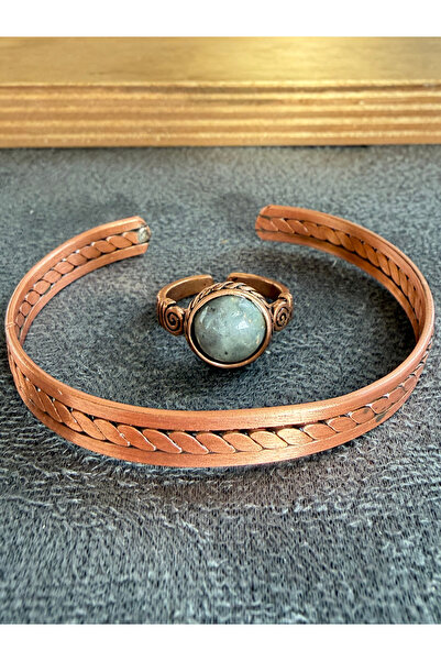 Rupen Kraft Handcrafted copper bracelet and natural stone ring set, adjustabl...