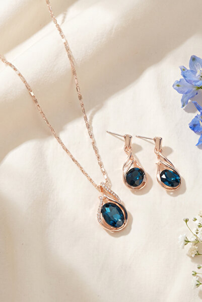 Valmont Accessories Mavi Taşlı Kadın Takı Seti Kolye Küpe Seti Kristal Taşlı ...