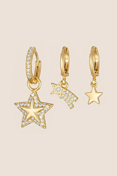 Hetra Gold Color Zircon Stone Shooting Star Figured 3-Piece Hoop Earring Set