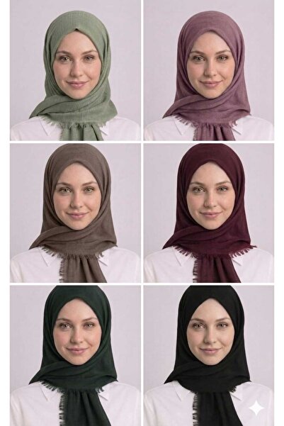 Alse Butik Düz Flamlı Pamuklu Tülbent Eşarp 6'lı Set ( Adaçayı Yeşili -Gül Ku...