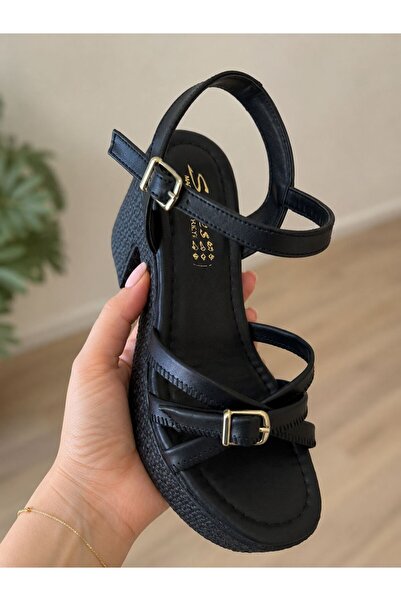 PLN SHOES Women's Round Toe Buckle Detailed Wedge Heeled Comfortable Sandals