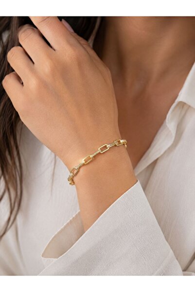 Valmont 14 Ayar Altın Renk Zincir Detaylı Taşlı Kadın Bileklik 20 cm
