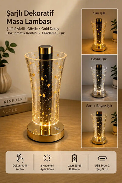 Berdina Home Şeffaf Akrilik Gövdeli Gold Detaylı Şarjlı Dokunmatik LED Masa L...