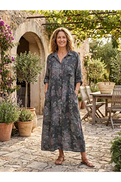 AYASOFYA OTANTIK Women's Italian Tie Dye Rose Pattern Long Sleeve Long Linen ...