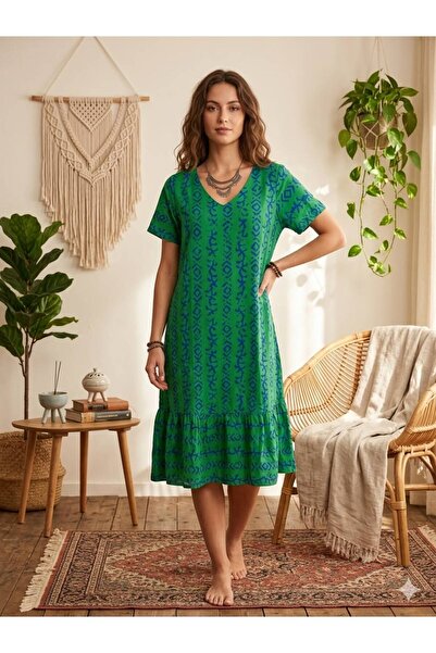 520CK Women's Green Patterned V-Neck Short Sleeve Ruffle Bohemian Dress