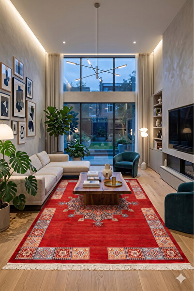 VEJA HOME Gördes Premium İpek Dokulu Otantik Eskitme Kırmızı Salon Halısı