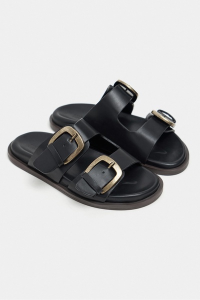 NİŞANTAŞI SHOES Ting Black Matte Double Buckle Detail Flat Sole Women's Slippers
