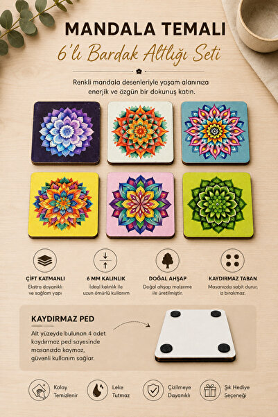 caps Mandala Themed 10 X 10 cm Set of 6 Coasters