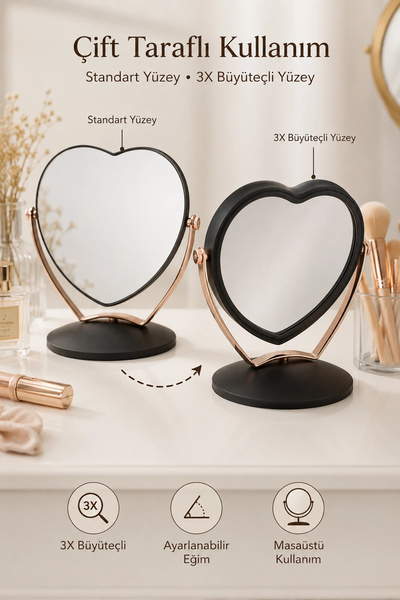 Tilbe Home 3X Büyüteçli Çift Taraflı Masaüstü Makyaj Aynası Kalpi Siyah Rose Gold Standlı Dekoratif Yakın Ayna