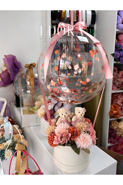 Edora Design Hoşgeldin Bebek Şeffaf Balonlu & Peluşlu Tasarım Yapay Çiçek Kut...
