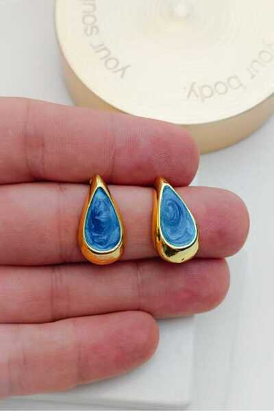 KYOLA DESİGN Damla Gold Blue Pearlescent Women's Earrings