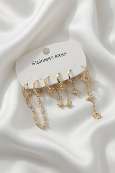 Jadem Gold 316L Steel Chain Detailed Zircon Stone Women's Earring Set