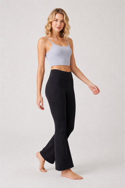 CloudyMood Women's Black High-Waisted Shaping Double Pocket Flare Leggings Bo...